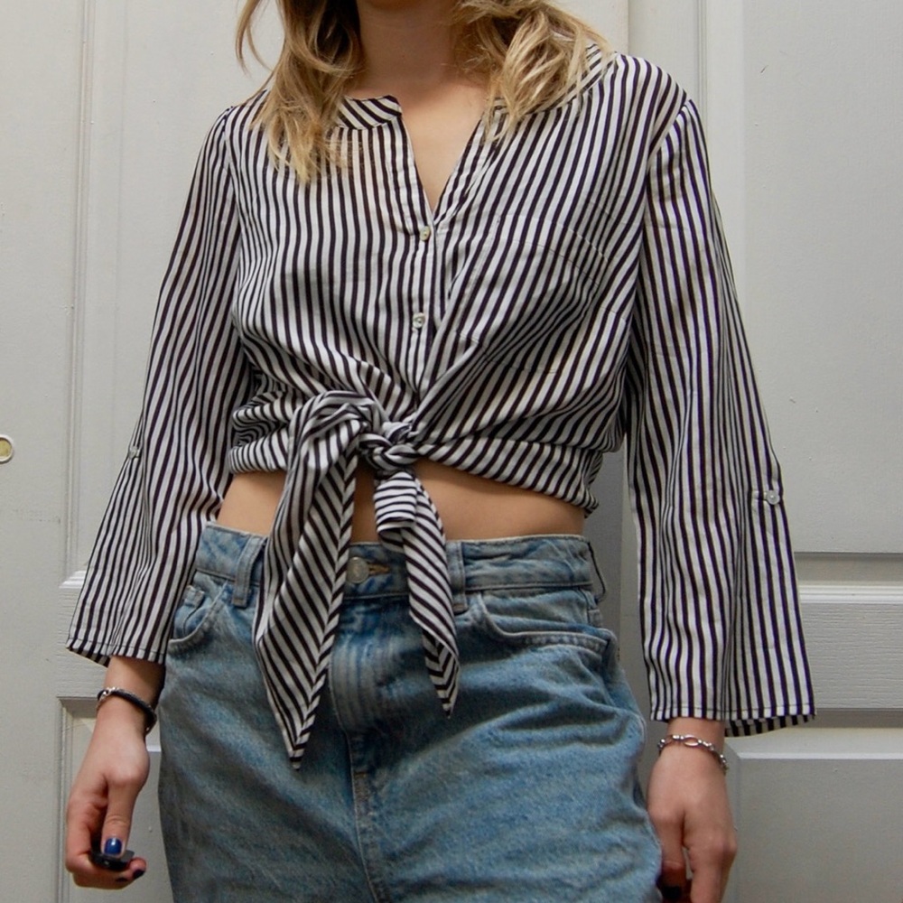 Striped Black and White Tie-Front Blouse